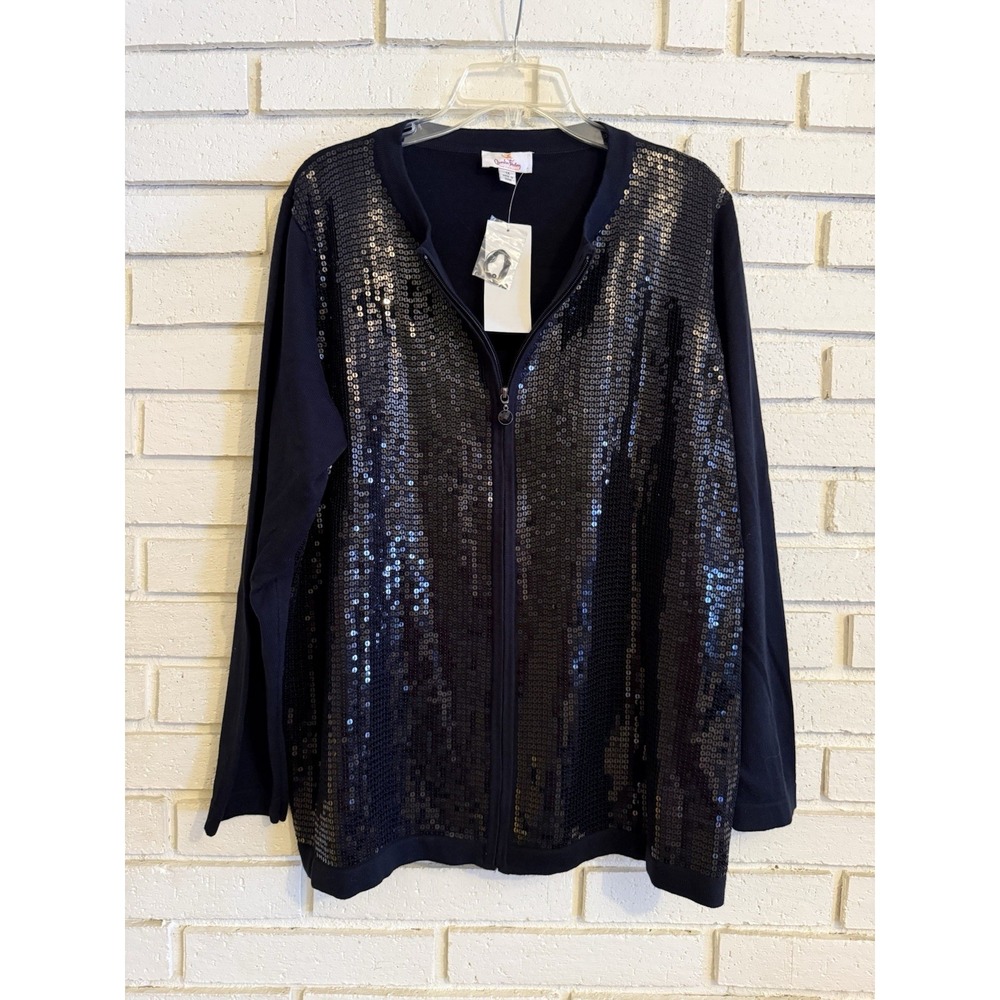 Quacker Factory Size 1X Black Sequined Zip Front Cardigan Sweater Dressy Top NEW